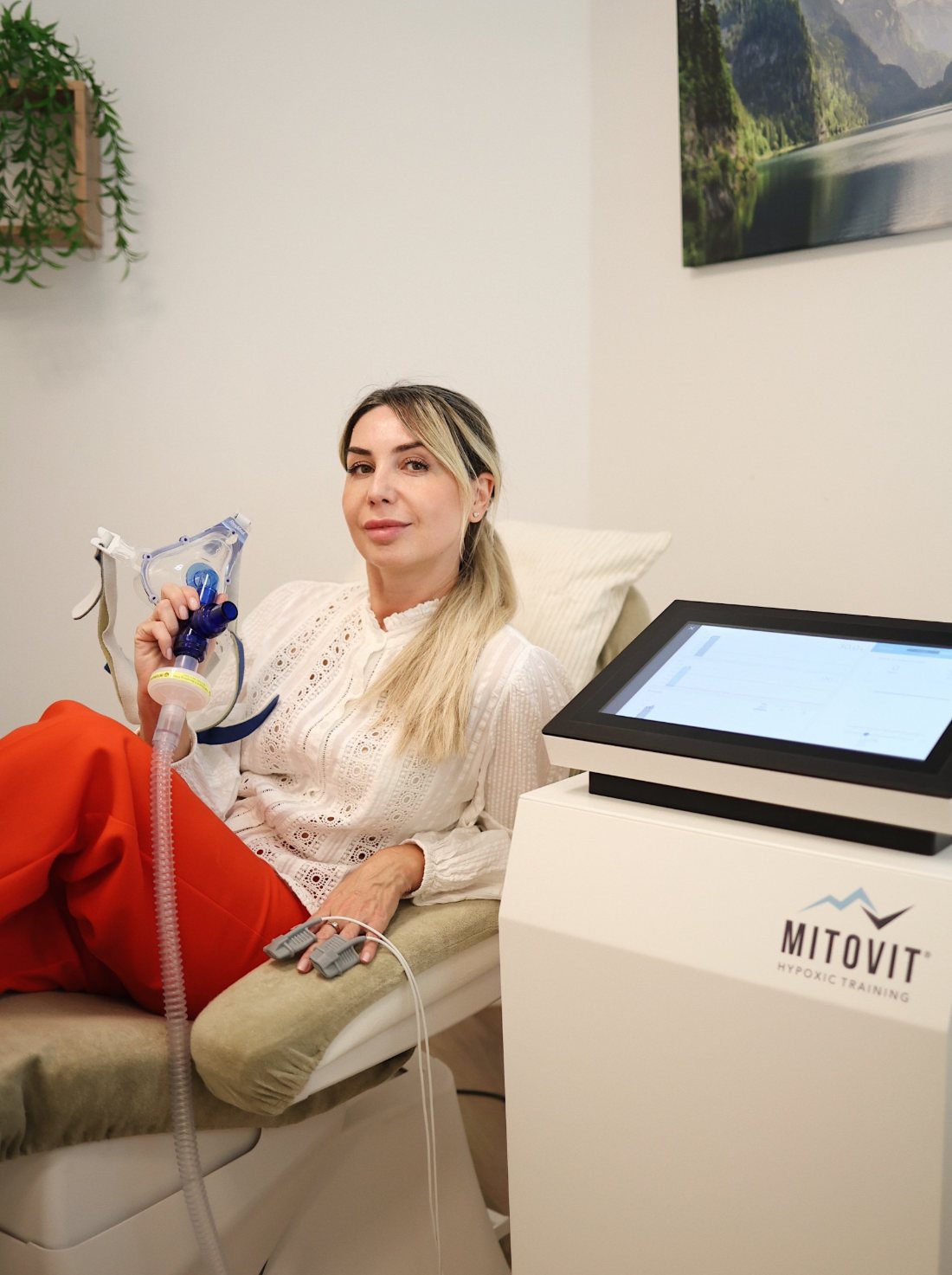 חדר הטיפולים בבאדן-באדן: מיטת טיפול, מכשיר Mitovit ותמונת הרים על הקיר